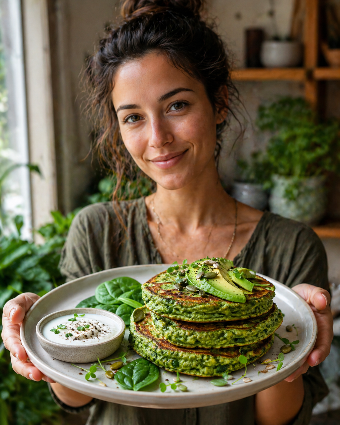 femme qui tient Green pancakes salés aux épinards vegan